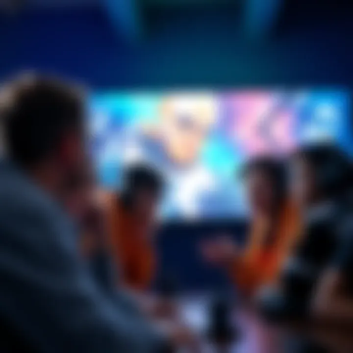 A group of gamers gathered around a screen, debating the new sound effects in a game, with expressions showing frustration and curiosity.