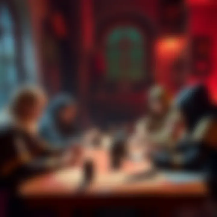 A group of friends gathered around a table, roleplaying as characters in a Dungeons and Dragons game, focusing on storytelling rather than combat tactics.