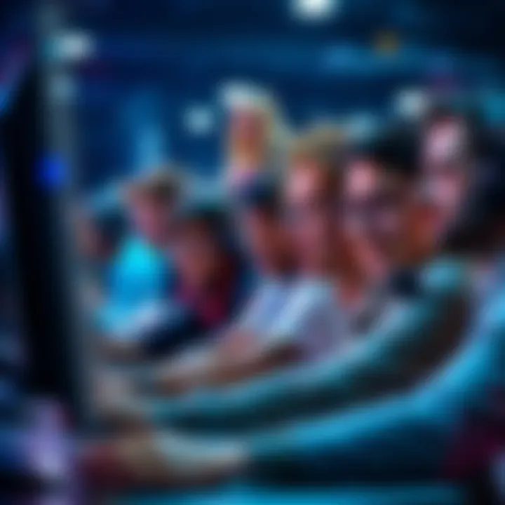 A diverse group of players focused on a screen, showcasing both competitive and casual playstyles in an online game, with excitement visible on their faces.