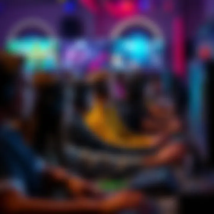 A diverse group of players intensely focused on gaming setups, showcasing various popular video games on screens.