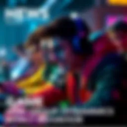 Players engaging in a competitive game A group of players showing different behaviors while gaming, with one player calm alone and the others aggressive in a larger group setting