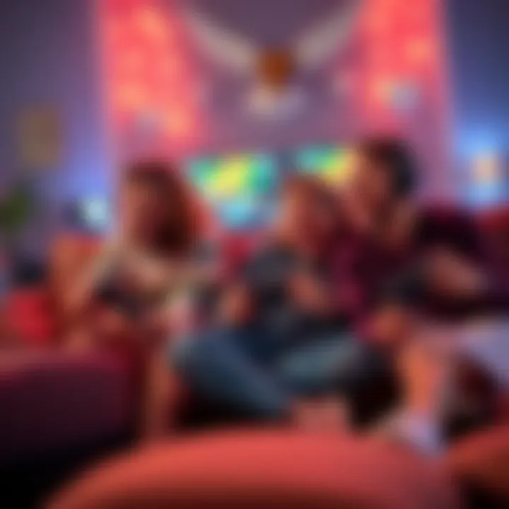 A group of friends playing split-screen coop games together on a couch, showing excitement and teamwork