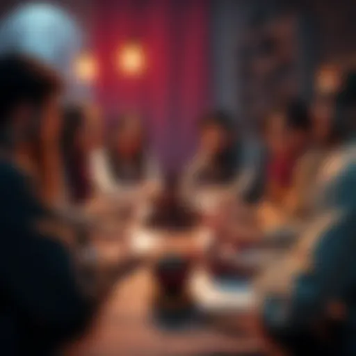 A group of people gathered around a table playing Dungeons & Dragons, with character sheets and dice