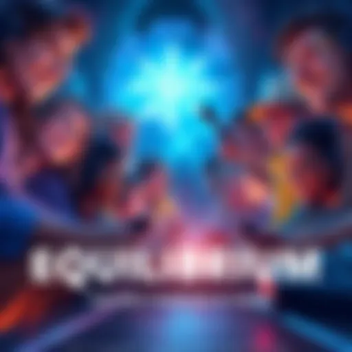 A group of gamers engaged in the Equilibrium dungeon, showcasing teamwork and excitement as they tackle challenges together.