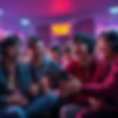 Group of players laughing and reacting during an intense moment in a game demo featuring a character named Miyako fighting.