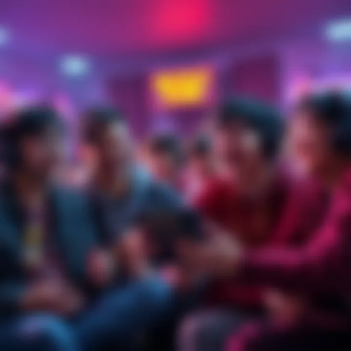 Group of players laughing and reacting during an intense moment in a game demo featuring a character named Miyako fighting.