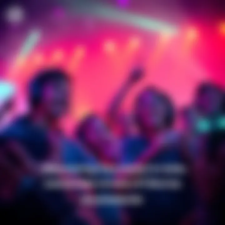 A group of gamers celebrating a memorable game launch, with colorful lights and live reactions