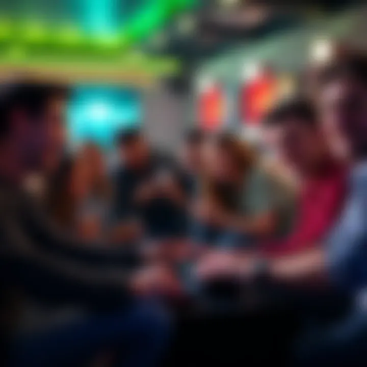 A group of friends gathered around game consoles, smiling and cheering while playing Marathon, showcasing the joy of gaming and community spirit.