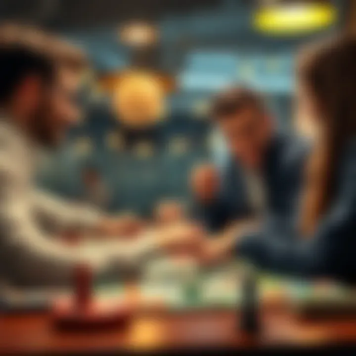 Three friends playing Monopoly with official rules, looking engaged and having fun at a table