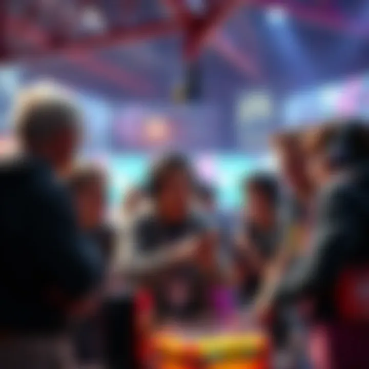 Group of players discussing a popular video game in a lively environment