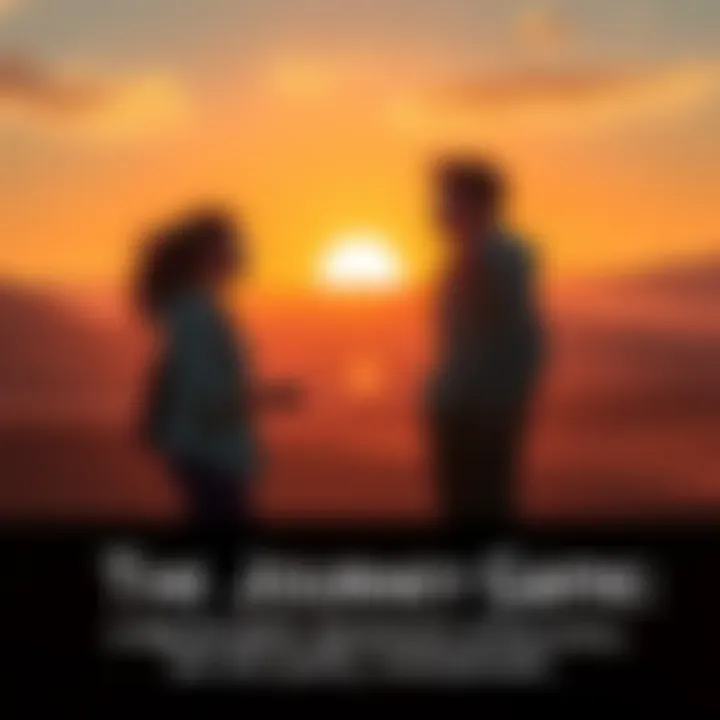 Two figures in a vast desert landscape, communicating through sounds and gestures, with a glowing sun setting in the background.