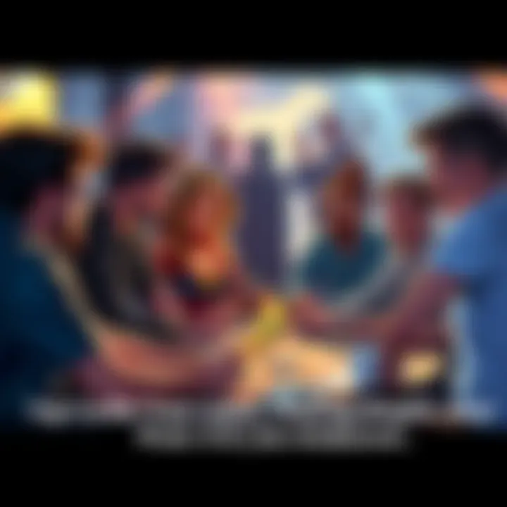 A group of players gathered around a table, playing card games and discussing their favorite cards, including Pixie and Captain Marvel