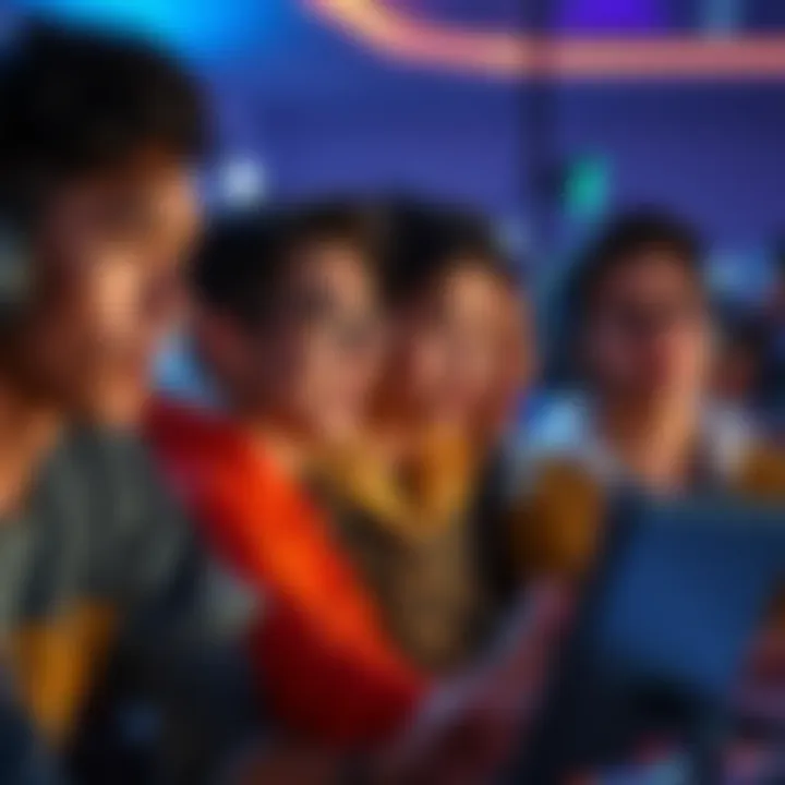 Group of diverse gamers expressing frustration while looking at their screens, showcasing emotions during a gaming event