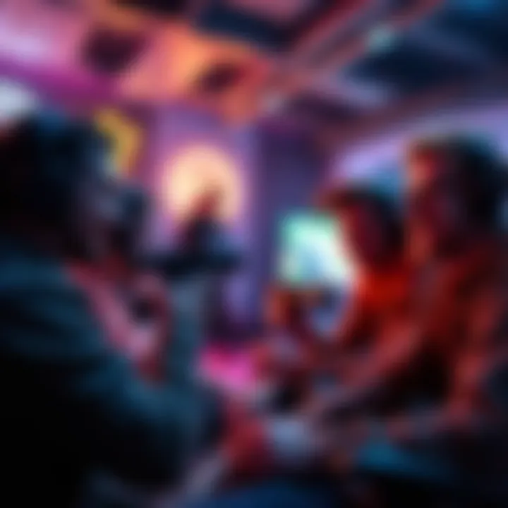 Players Enjoying a Casual Gaming Session A group of players relaxed and smiling while playing a shooter game in a casual environment