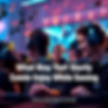 A group of gamers with headphones immersed in Warframe gameplay, surrounded by musical notes