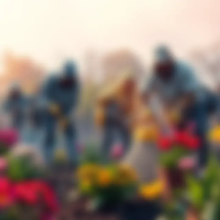 Players doing household tasks A group of players cleaning and gardening while waiting for game servers to return online, showcasing diverse activities like sweeping and planting flowers.