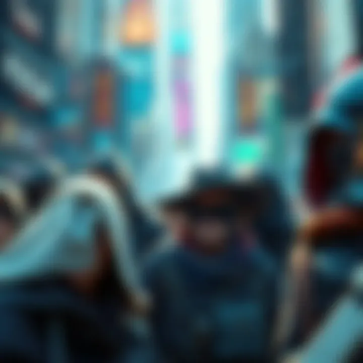 A group of fantasy characters wearing disguises, blending in with a bustling city crowd while looking around cautiously.