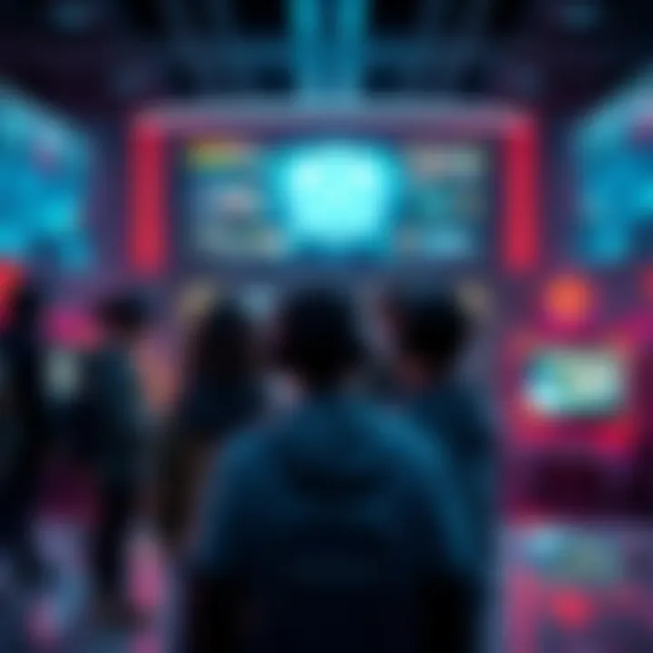 A group of players discussing their gameplay experience in a lobby, with various game interfaces displayed in the background.