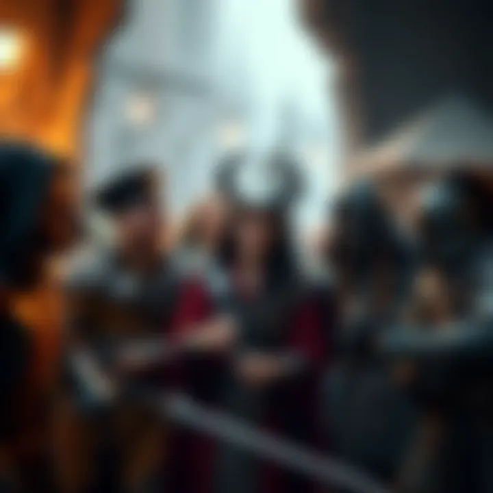 Group of players dressed in costumes laughing and participating in a LARP quest