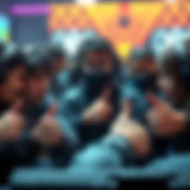 A group of frustrated gamers looking at screens with thumbs down gestures, showing their disappointment with Objective mode in a video game.