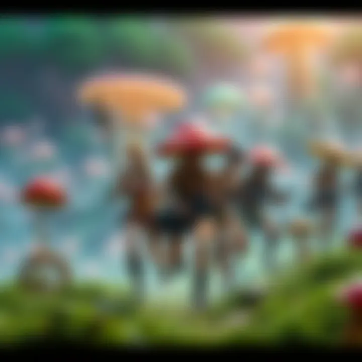 Players in a Mushroom Run A group of players competing in a mushroom run, showcasing unique loadouts while remaining fully naked, strategizing for victory.