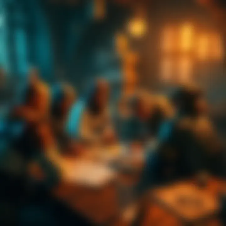 Players plotting a heist A group of players huddled around a table, discussing plans for a chaotic heist in a fantasy setting, with dice and character sheets scattered around.