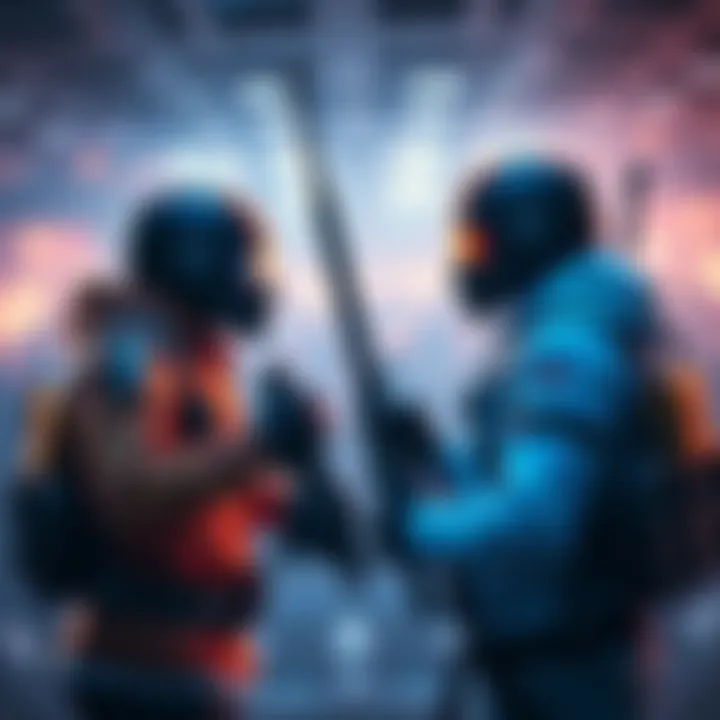 Two players in a PVE lobby facing each other with weapons drawn, showing tension and readiness for conflict