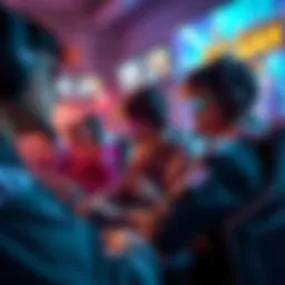 A group of gamers intensely focused on their screens during a PVP battle, showcasing various character designs and competitive gameplay.