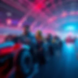 A group of players competing in a racing game with various cars on a vibrant track, showing excitement and some frustration.