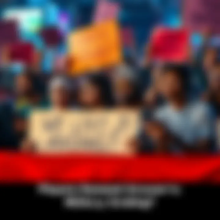 A group of diverse gamers expressing concern about their favorite game's potential shutdown, holding signs and discussing passionately