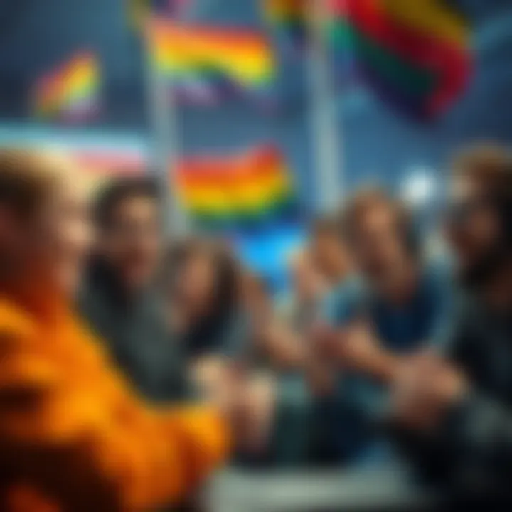 A group of diverse gamers expressing humor and surprise after a defeat, with LGBT+ flags visible in the background during the discussion