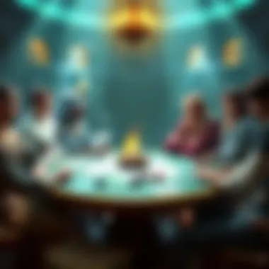 A group of players around a table, discussing the impact of resurrection spells on their game, with dice and character sheets in front of them