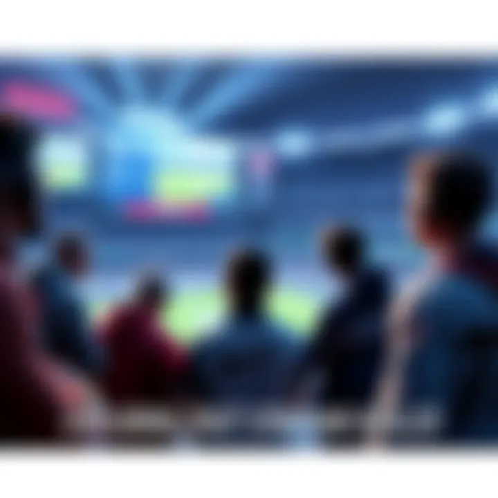 Players reviewing stadium builds A group of players looking at a digital screen displaying past stadium builds and player abilities