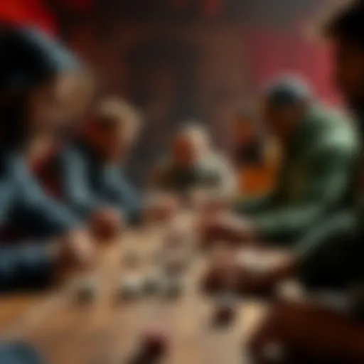 Players rolling dice for character stats Group of players at a table rolling dice to determine character stats in a DnD game