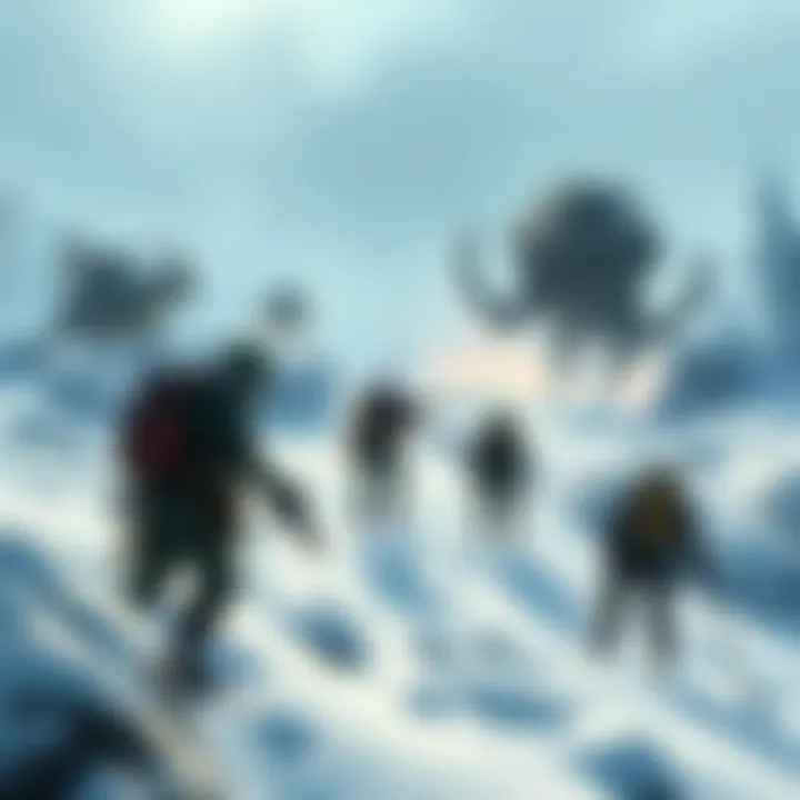 A group of players exploring a snowy environment, looking for elusive creatures known as leapers during a Cold Snap raid