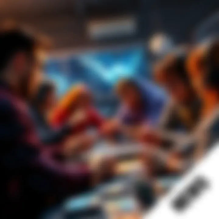 Players sharing gaming strategies A group of gamers discussing their successes and failures in a game, surrounded by decks and game pieces