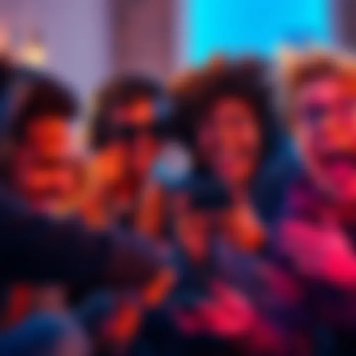 A diverse group of players excitedly discussing their first gaming experiences together, showcasing smiles and animated gestures.