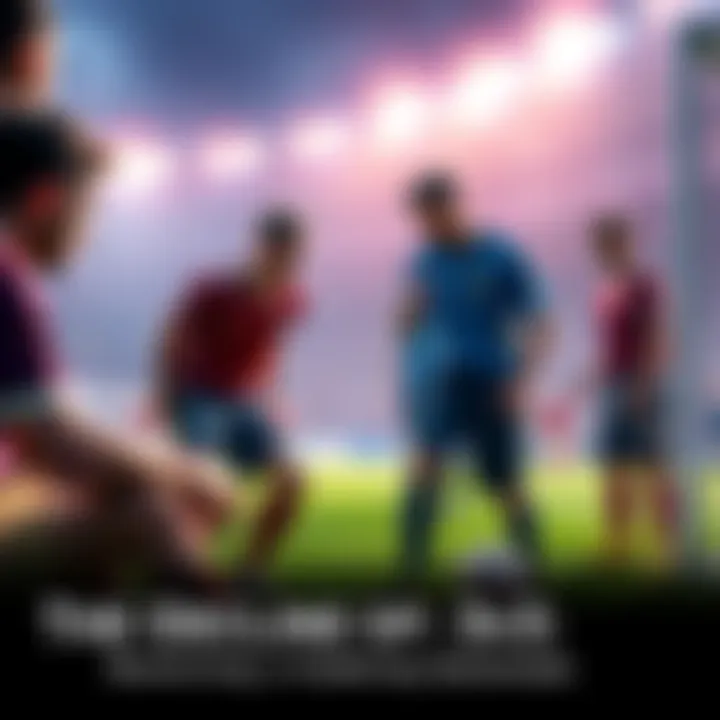 A group of players discussing strategies during a 3v3 soccer match, highlighting teamwork and focus