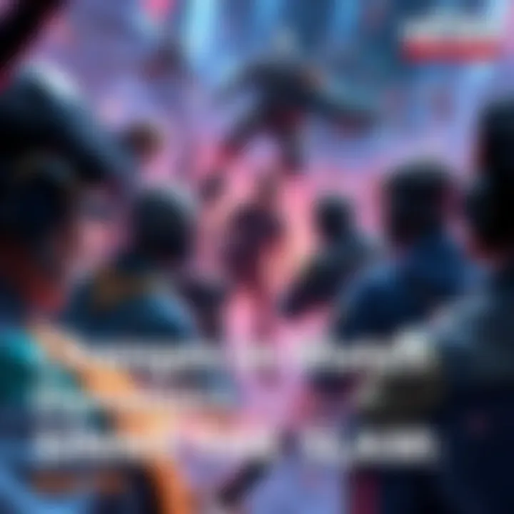 Group of players engaged in intense gameplay with multiple teams, showcasing a fast-paced battle scene with action and strategy