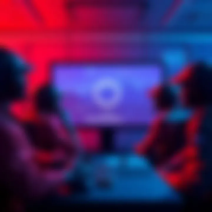 A group of gamers frustrated while waiting on a matchmaking loading screen, showing loading icon and chat messages about issues.