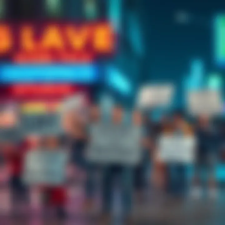 A group of frustrated players holding signs in front of a gaming studio, expressing their disappointment over false advertising for Love and Deepspace.