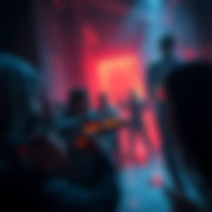 A group of players faces terrifying creatures in a dimly lit room, showcasing their fear and determination.