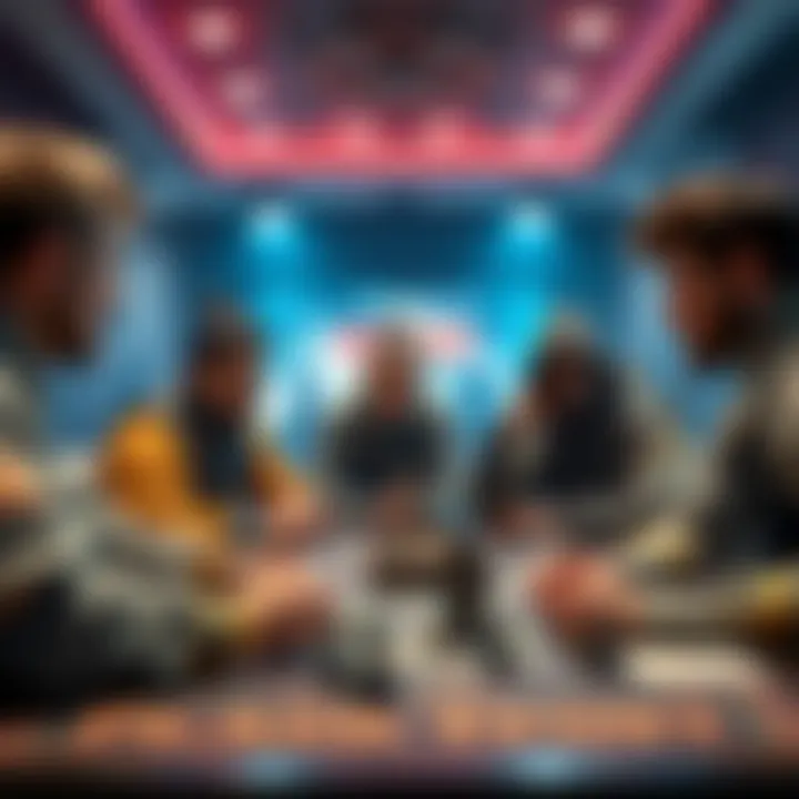 Four players gathered around a table with game pieces, one player appears dominant with ship-related items, while others look concerned