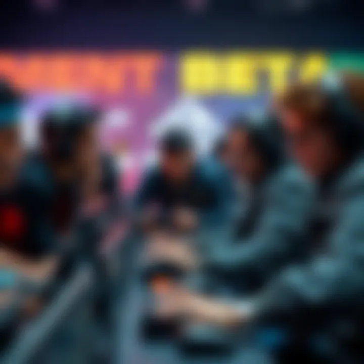 Players Testing Game A group of players engaged in testing a video game during an open beta session, with focus on gameplay and bug reporting.