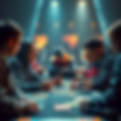 Players gathered around a table, intensely focused on card games, showcasing different card designs and game elements