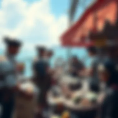 A group of players exchanging items at a vibrant seaside market, with various goods displayed.