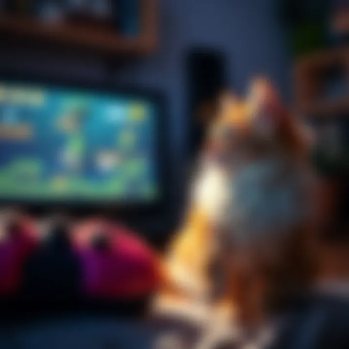 A fluffy cat sitting next to a gaming console, looking curiously at the screen while a platforming game is being played.