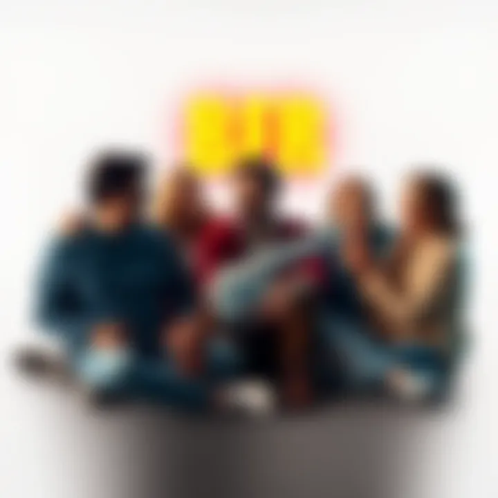 Playful Discussion on BFR Meaning A group of people laughing and debating over the meaning of BFR, with a toy revolver in the center to represent the joke.