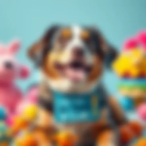 A playful dog with a quirky name tag A cheerful dog wearing a name tag that reads 'Sir Peels a-Lot', surrounded by colorful toys and a bright background