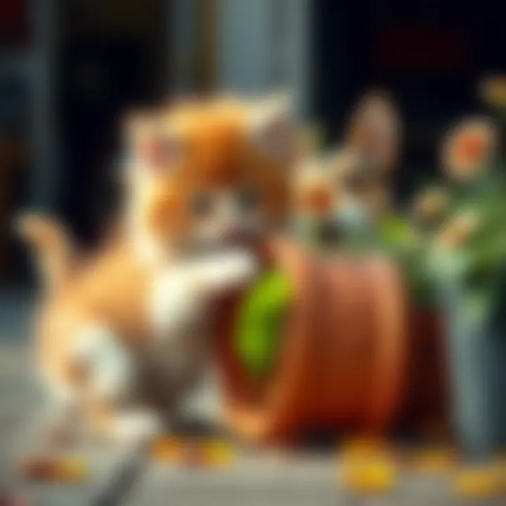 A small, fluffy kitten playfully knocking over a flower pot while a surprised dog watches nearby.